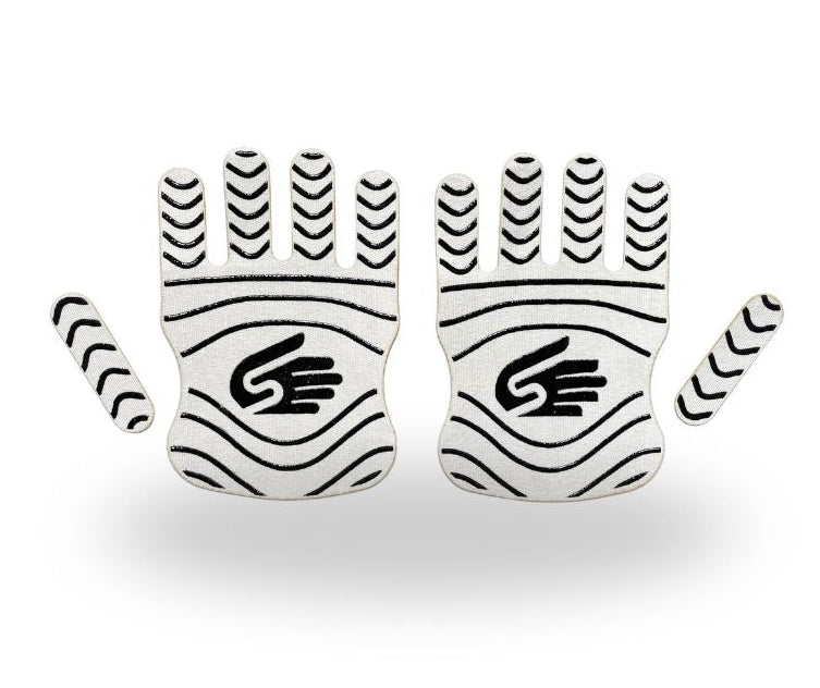 Pair of white grip tapes with black patterns on a white background