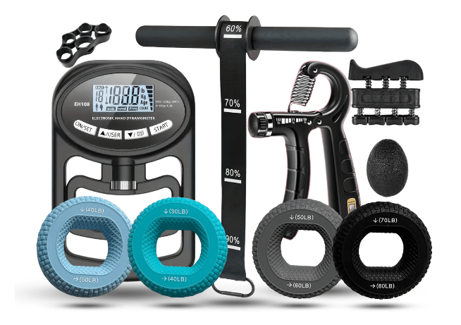 Collection of fitness equipment including digital display, resistance bands, and adjustable handles on a white background