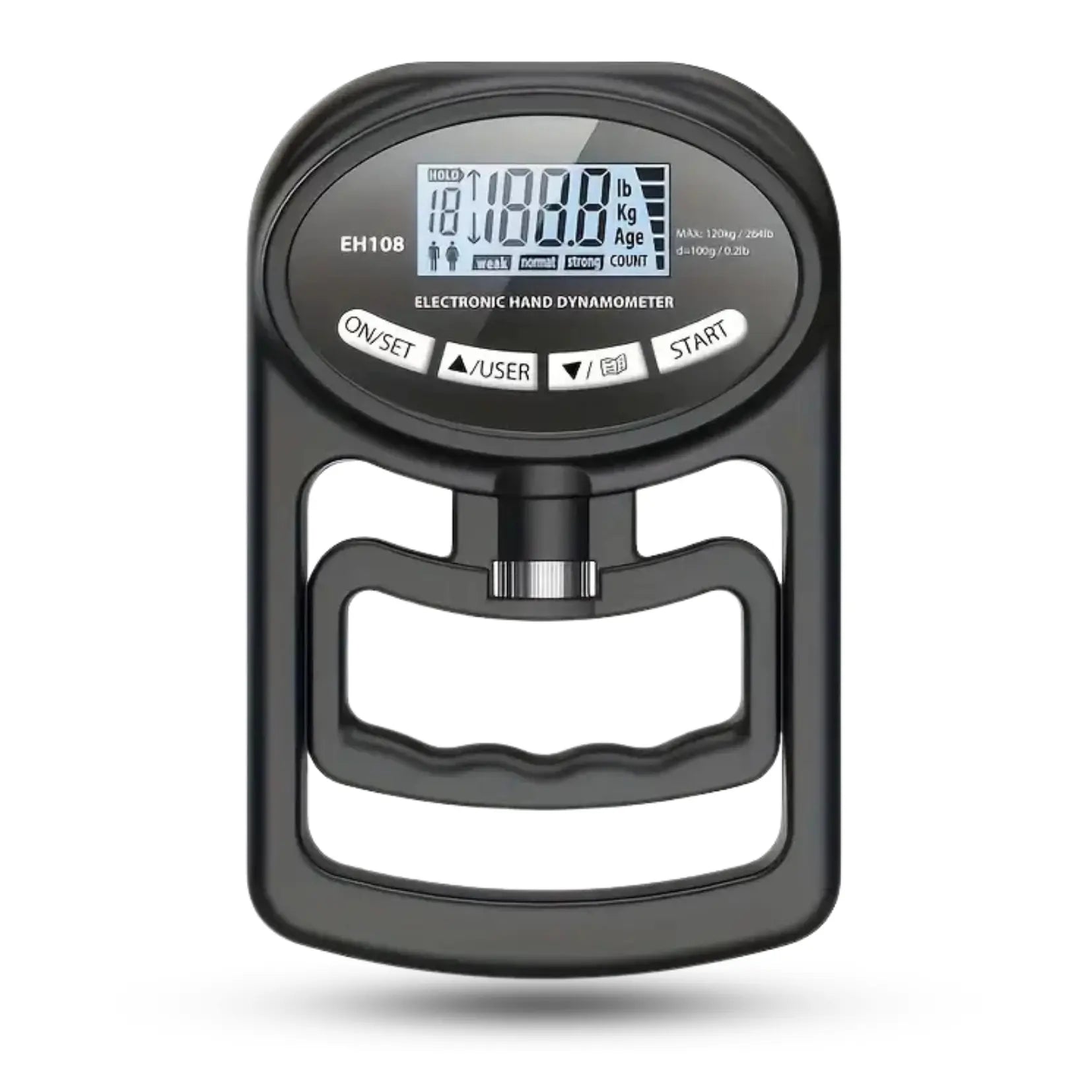 Electronic hand dynamometer with digital display on a white background
