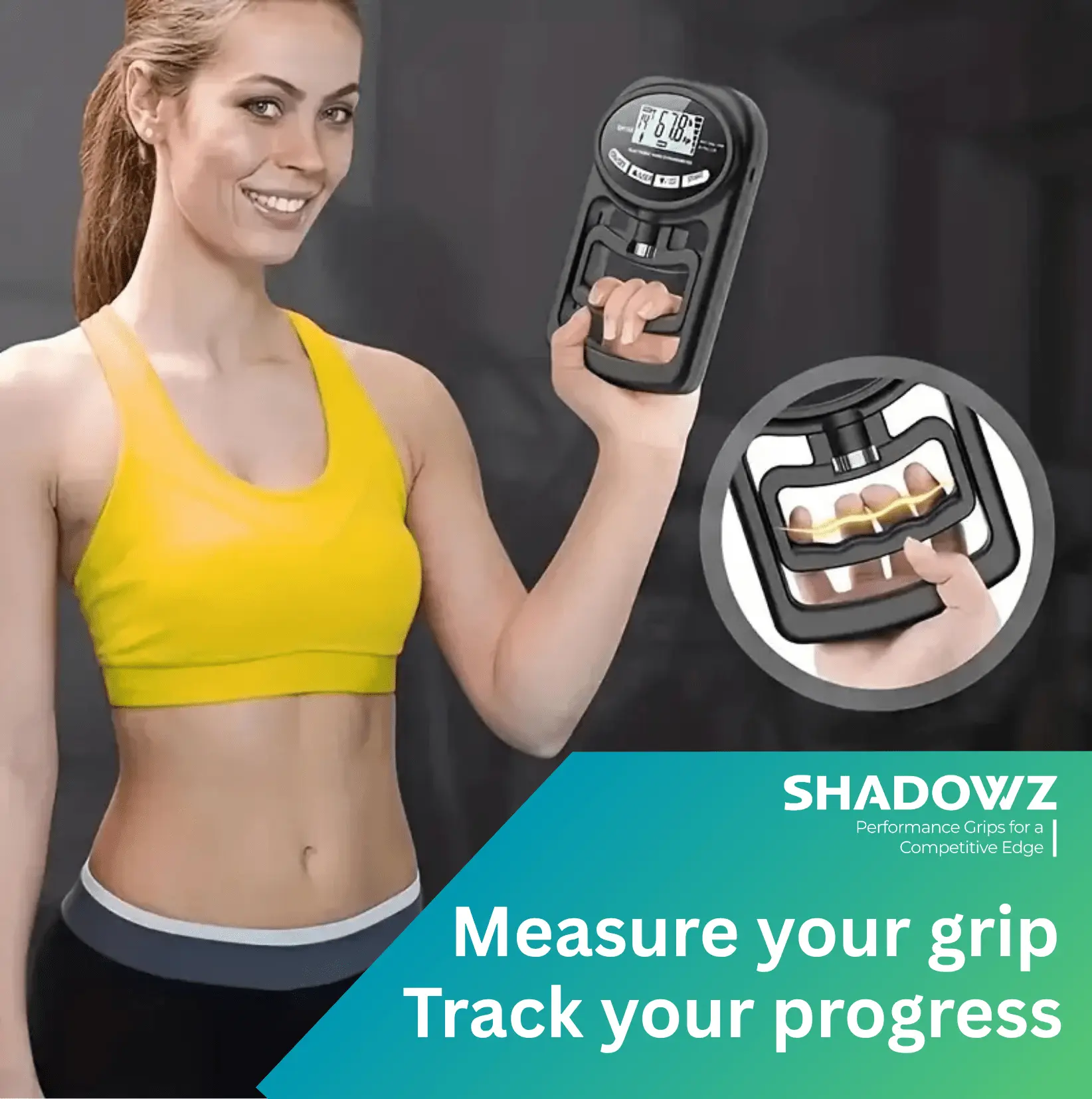 Woman using a digital grip strengthener with inset showing device details, and &