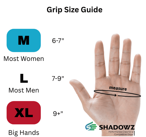 Hand size guide showing X-Large, medium, and large grip measurements