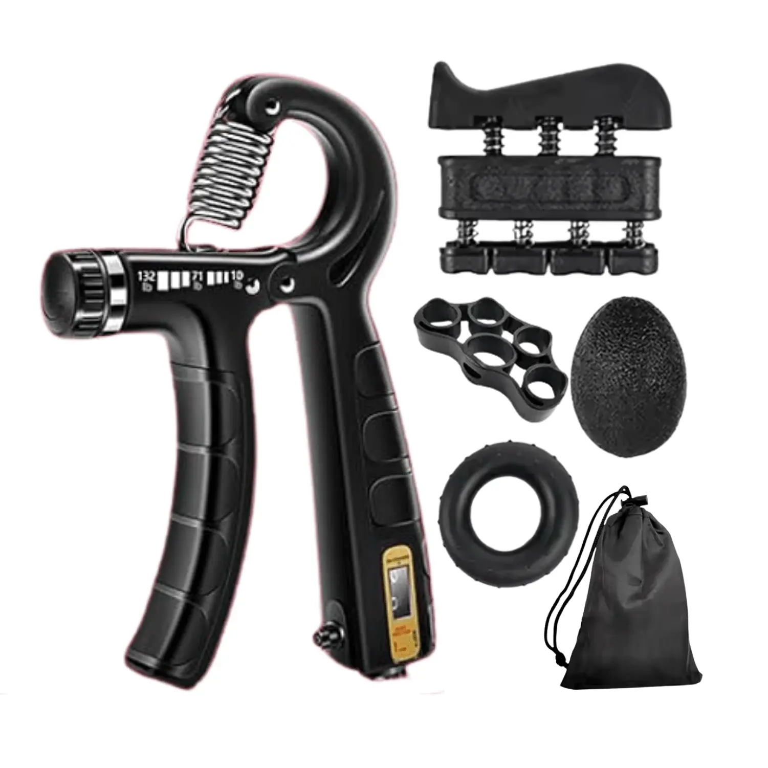 Hand grip strengthener with accessories on a white background