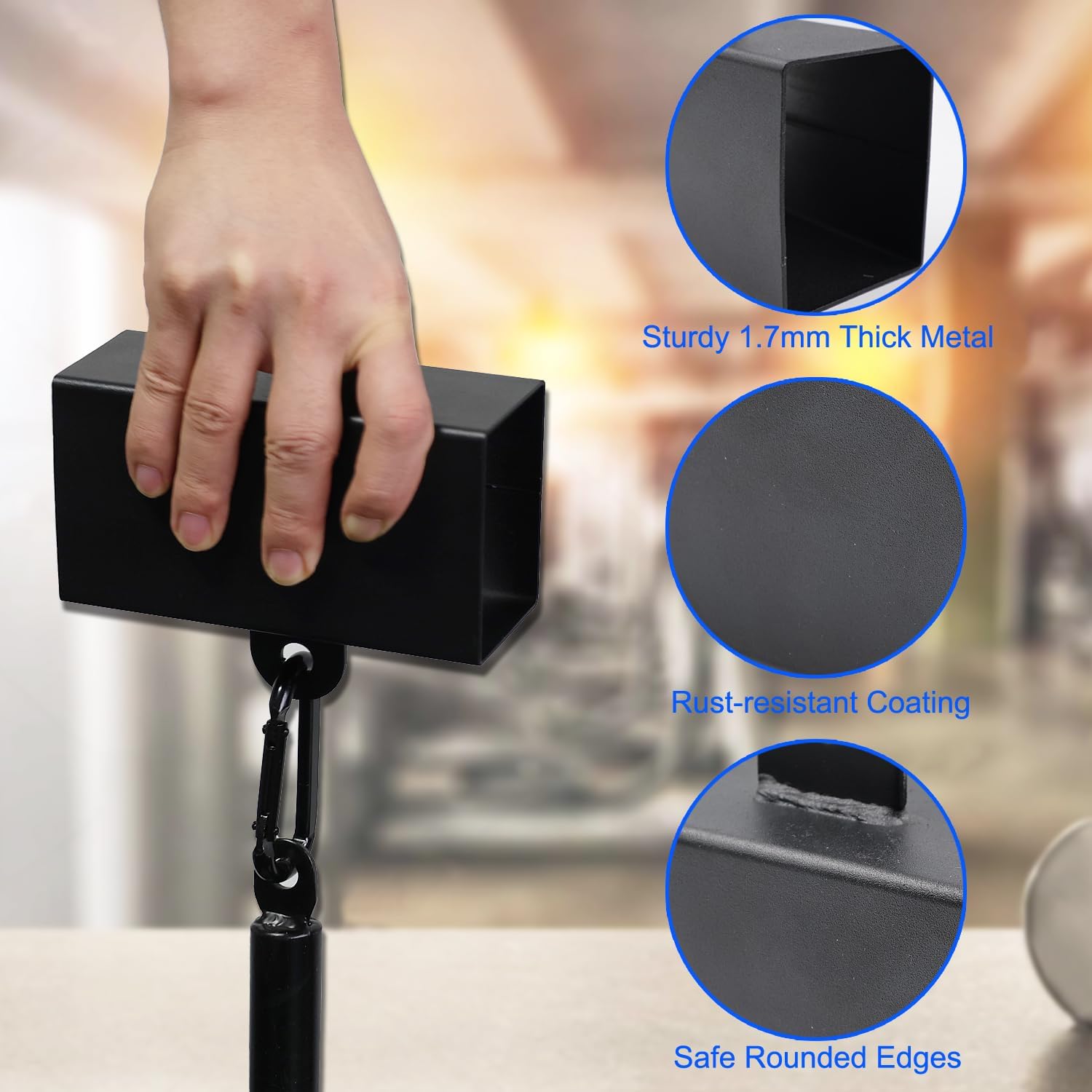 Black metal block with hand holding it, showing sturdiness and safety features.