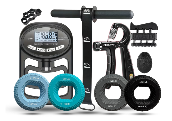 Collection of fitness equipment including digital display, resistance bands, and adjustable handles on a white background