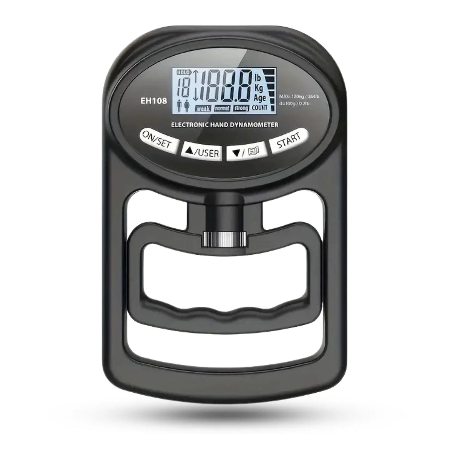 Electronic hand dynamometer with digital display on a white background