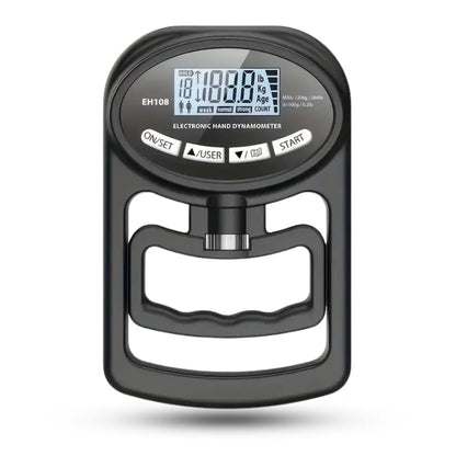 Electronic hand dynamometer with digital display on a white background