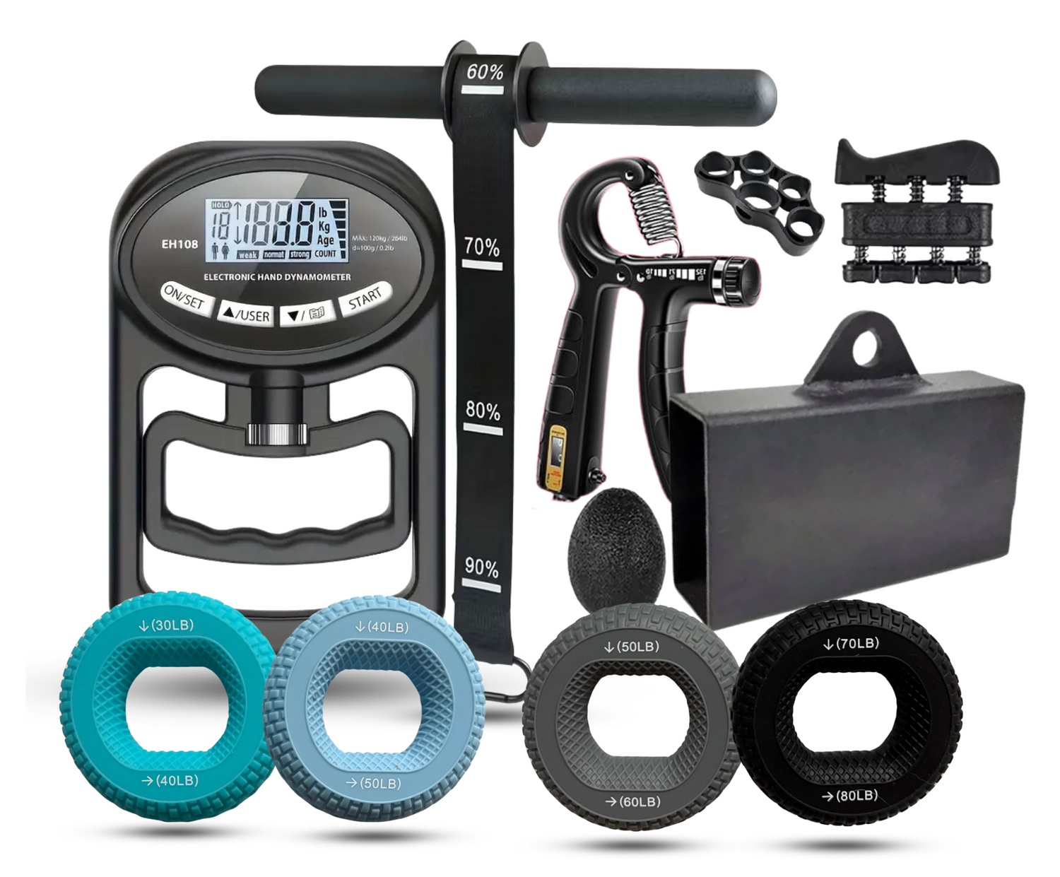 Collection of fitness equipment including digital hand dynamometer, resistance bands, and weight plates on a white background.