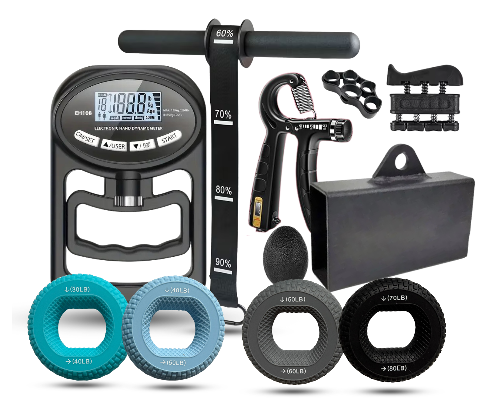 Collection of fitness equipment including digital hand dynamometer, resistance bands, and weight plates on a white background.