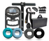 Collection of fitness equipment including digital hand dynamometer, resistance bands, and weight plates on a white background.