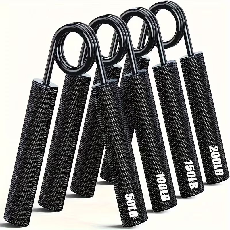 Set of black hand grip exercisers with weight markings on a white background
