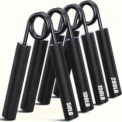 Set of black hand grip exercisers with weight markings on a white background