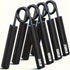 Set of black hand grip exercisers with weight markings on a white background