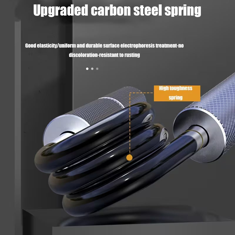 Carbon steel spring with text highlighting its features on a dark background