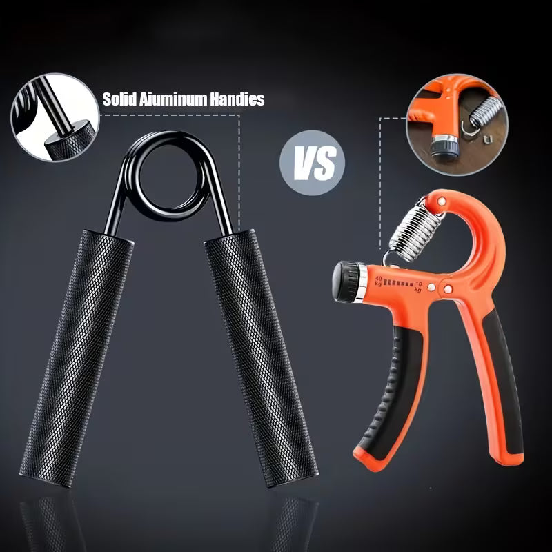 Two hand grippers, one black and one orange, with solid aluminum handles highlighted on a dark background.
