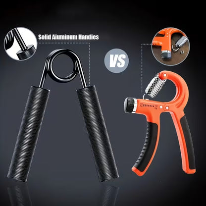 Two hand grippers, one black and one orange, with solid aluminum handles highlighted on a dark background.