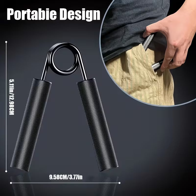 Black hand grip with measurement details and a person holding it.
