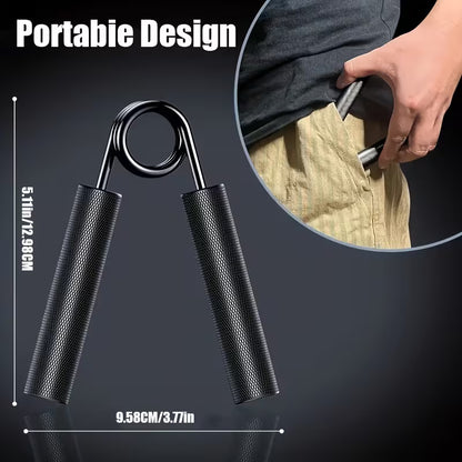 Black hand grip with measurement details and a person holding it.
