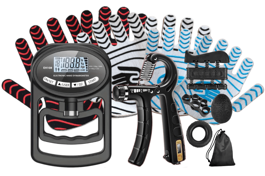 Hand exercisers with digital display and resistance bands on a white background