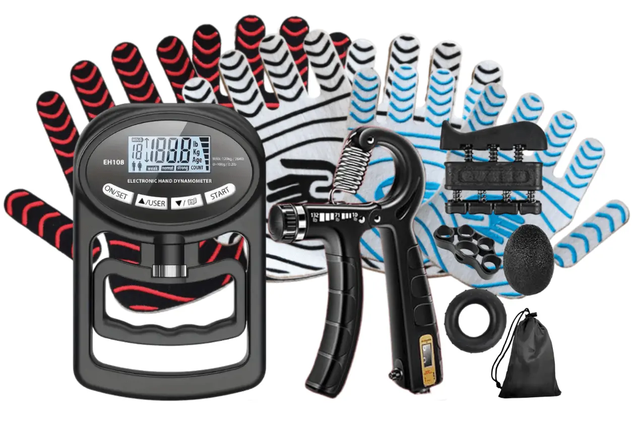 Hand exercisers with digital display and resistance bands on a white background