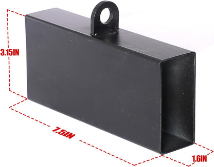 Black rectangular object with dimensions indicated on a white background