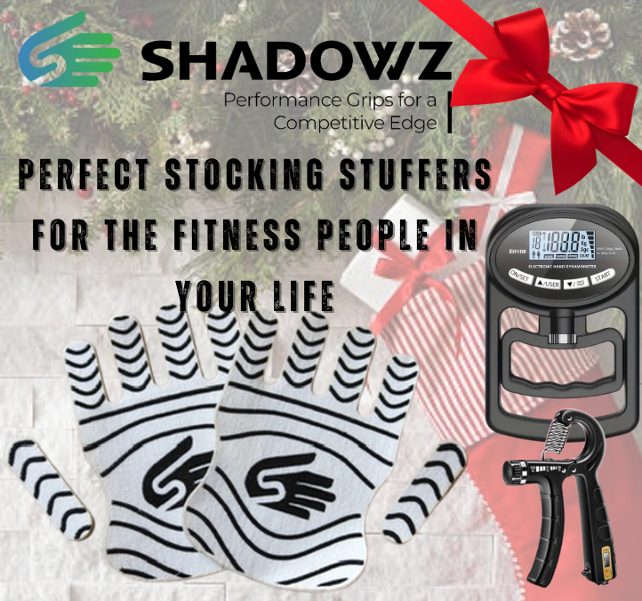 Shadowz performance grips with text about perfect stocking stuffers for fitness people, featuring a digital grip strengthener and gloves.